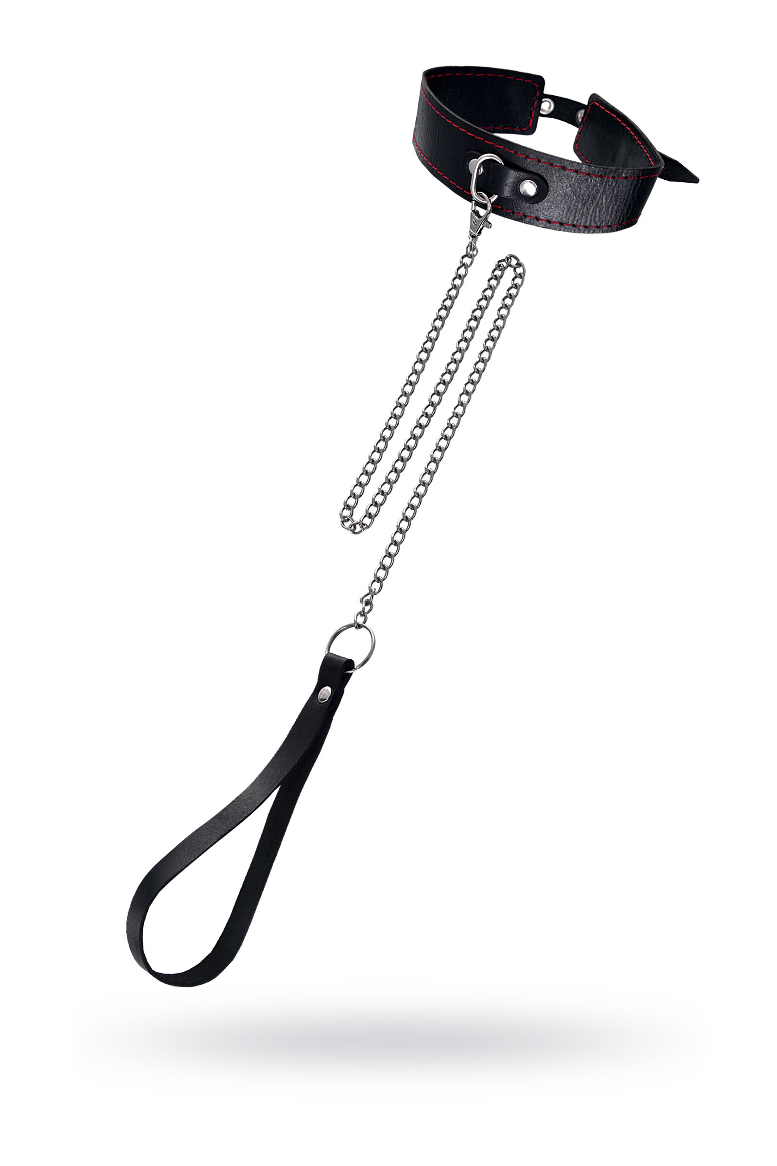 Кожаный двухслойный ошейник с красной строчкой и поводком 1