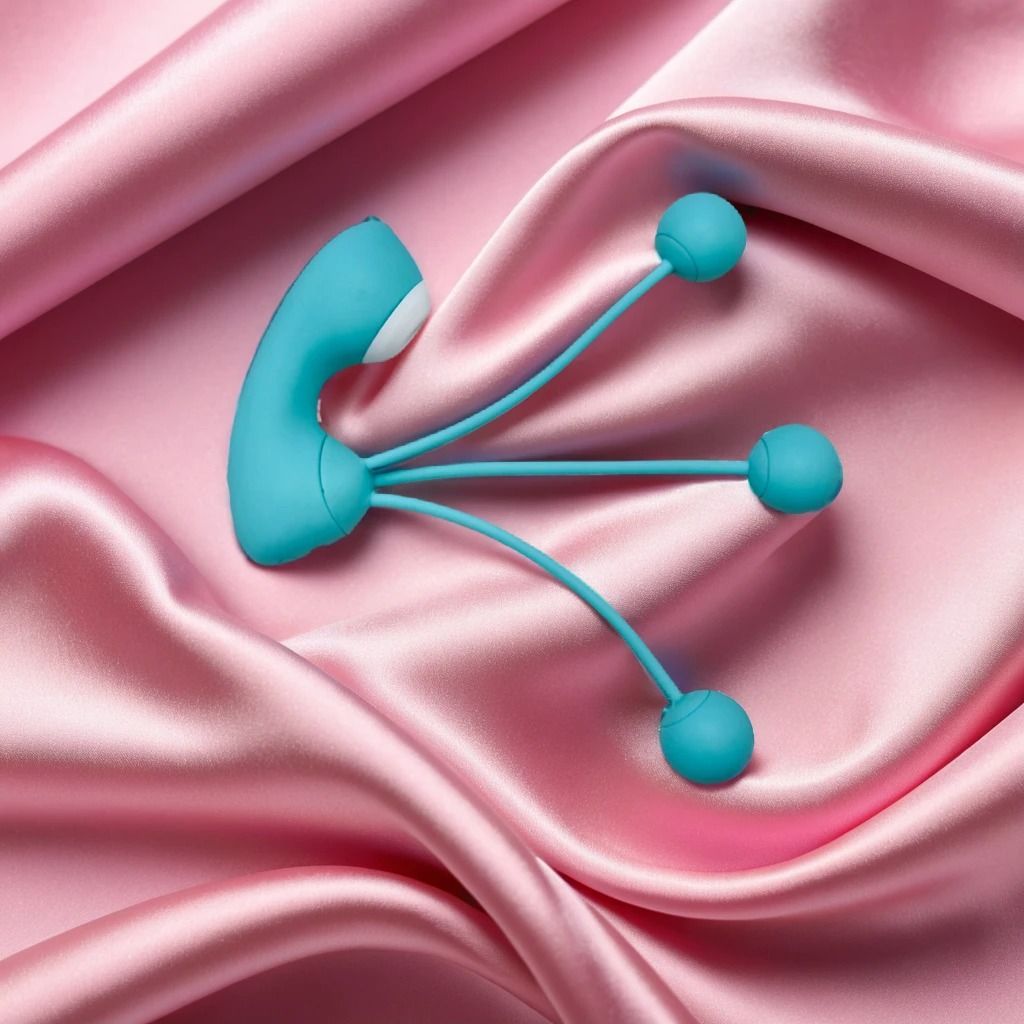 Бирюзовый вакуумный стимулятор клитора с вагинальными виброшариками 3