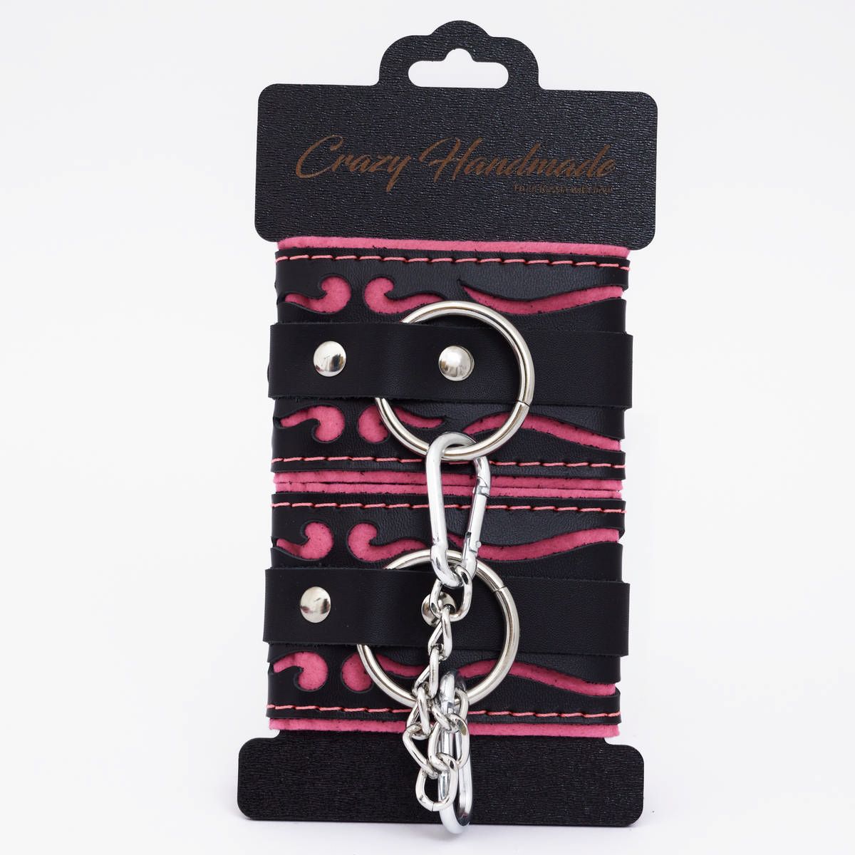 Черно-розовые кожаные наручники с розовой строчкой 3