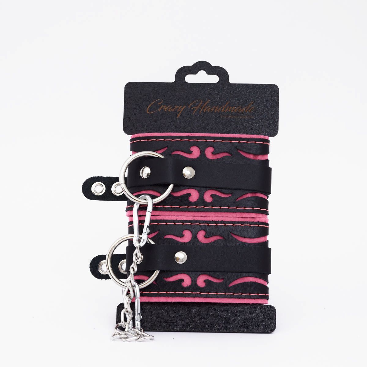 Черно-розовые кожаные оковы с розовой строчкой 3