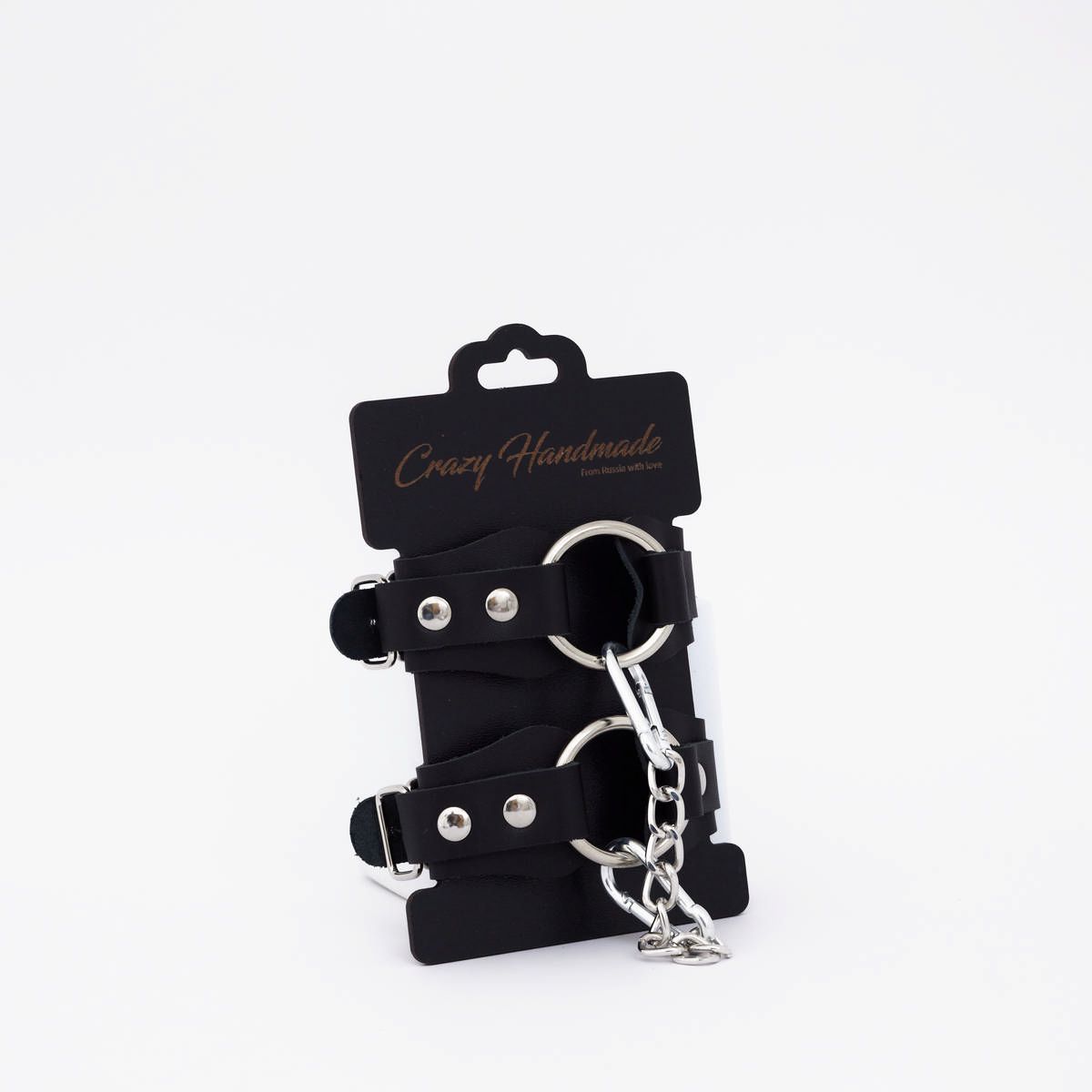 Черные кожаные наручники с кольцом 3