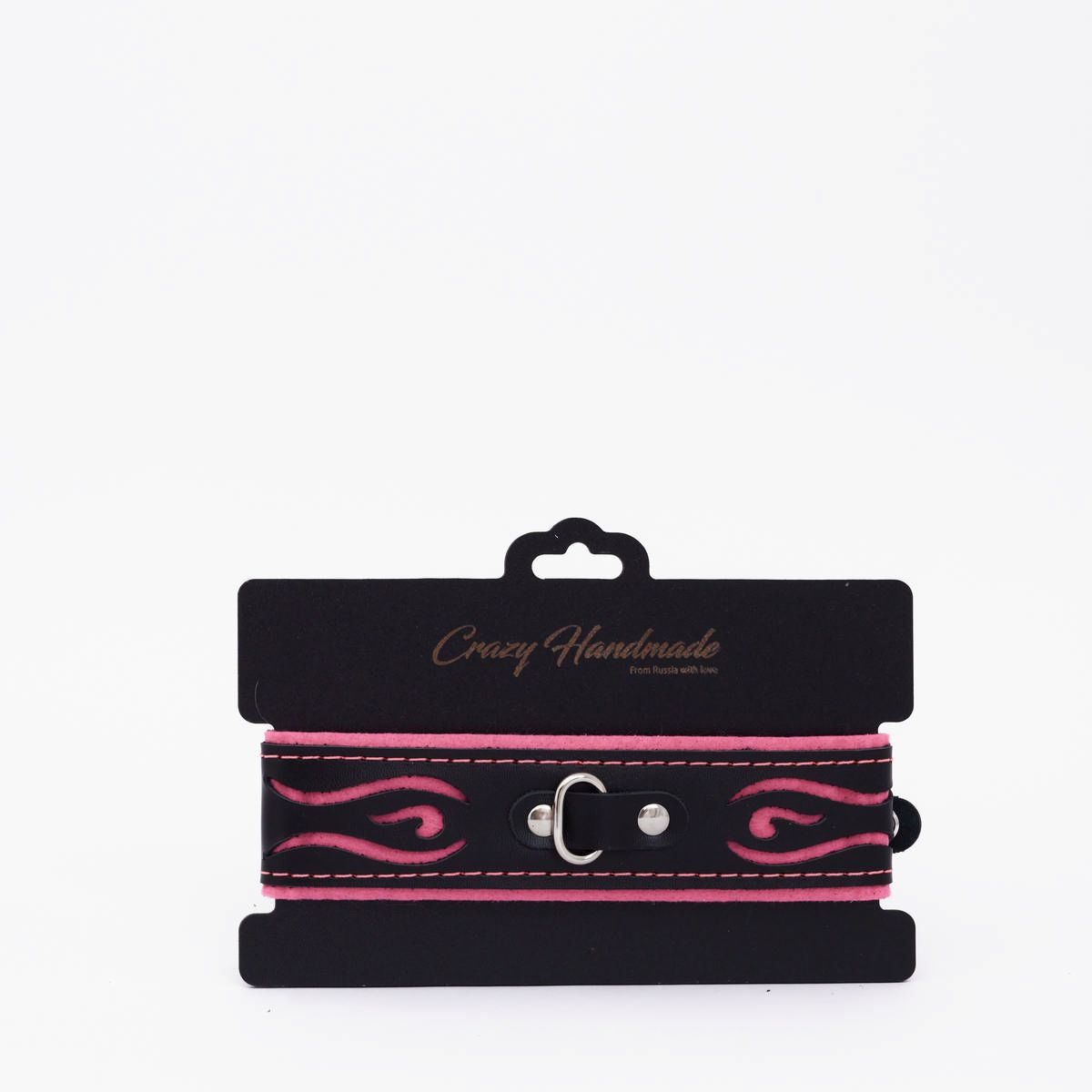 Черно-розовый кожаный ошейник с розовой строчкой 2