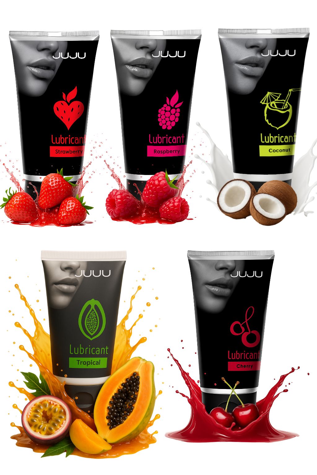 Набор из 5 съедобных лубрикантов JUJU (клубника, малина, тропические фрукты, вишня, кокос) 1