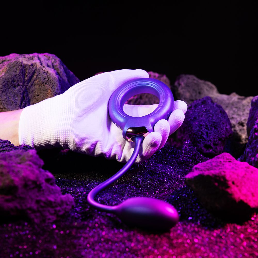 Фиолетовое эрекционное виброкольцо с анальным шариком Eclipse 10