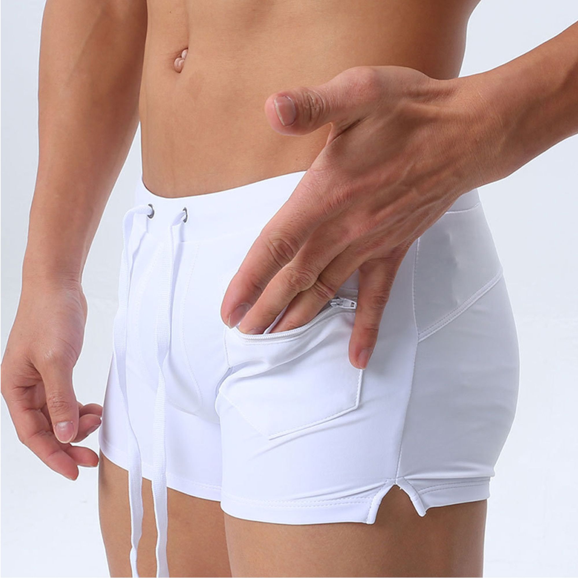 Белые мужские плавки-хипсы с кармашком на замке 1