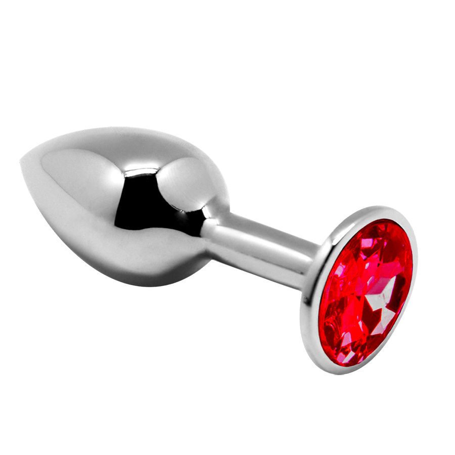 Серебристая анальная втулка Mini Metal Butt Plug Size M с красным кристаллом 1