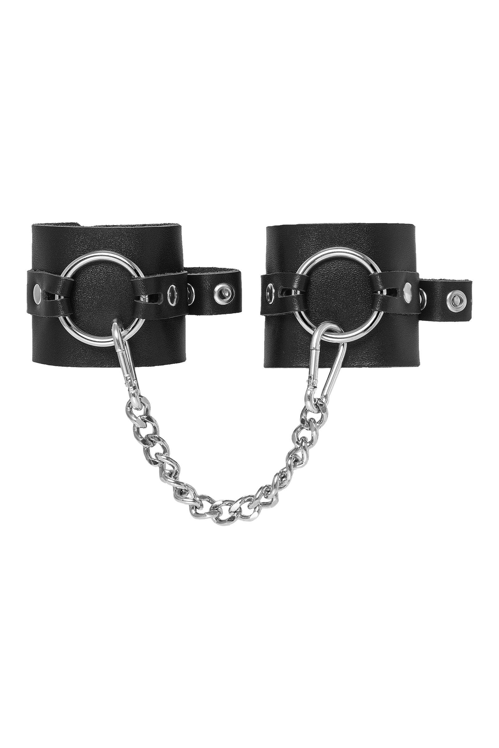 Черные наручники из толстой натуральной кожи с люверсами 2