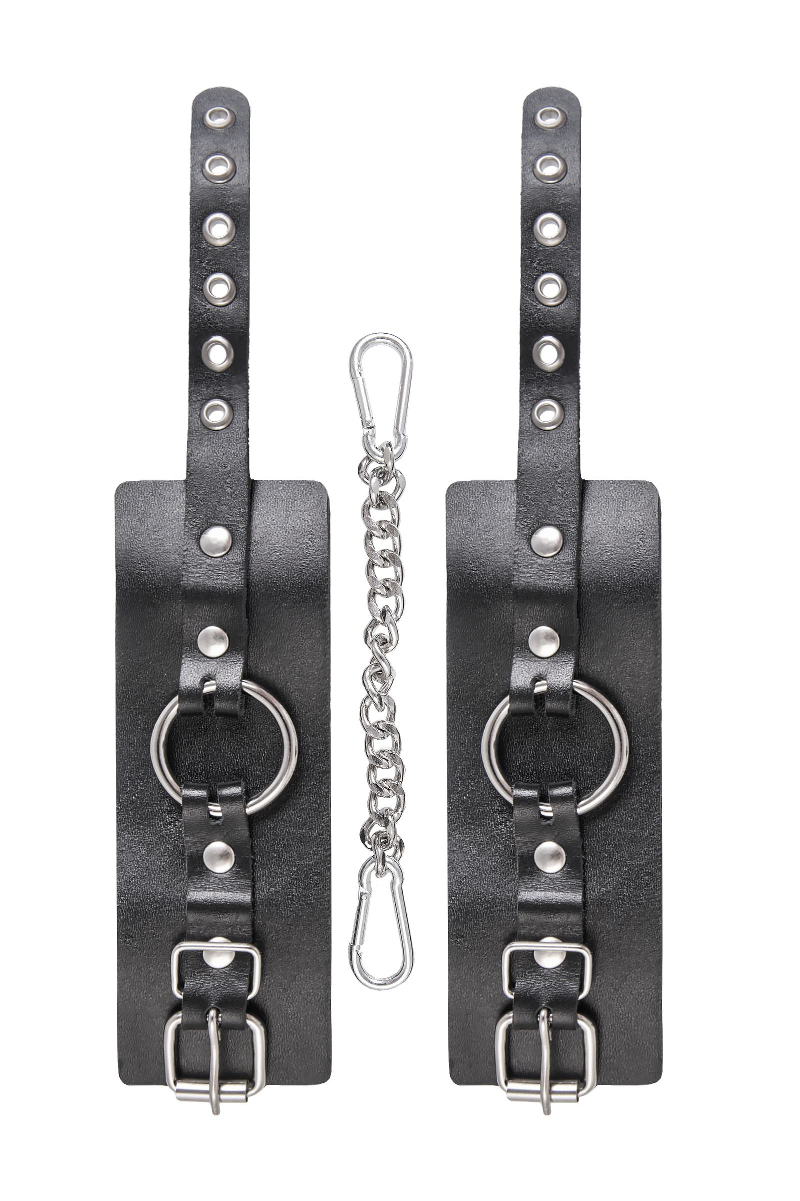 Черные наручники из толстой натуральной кожи с люверсами 4