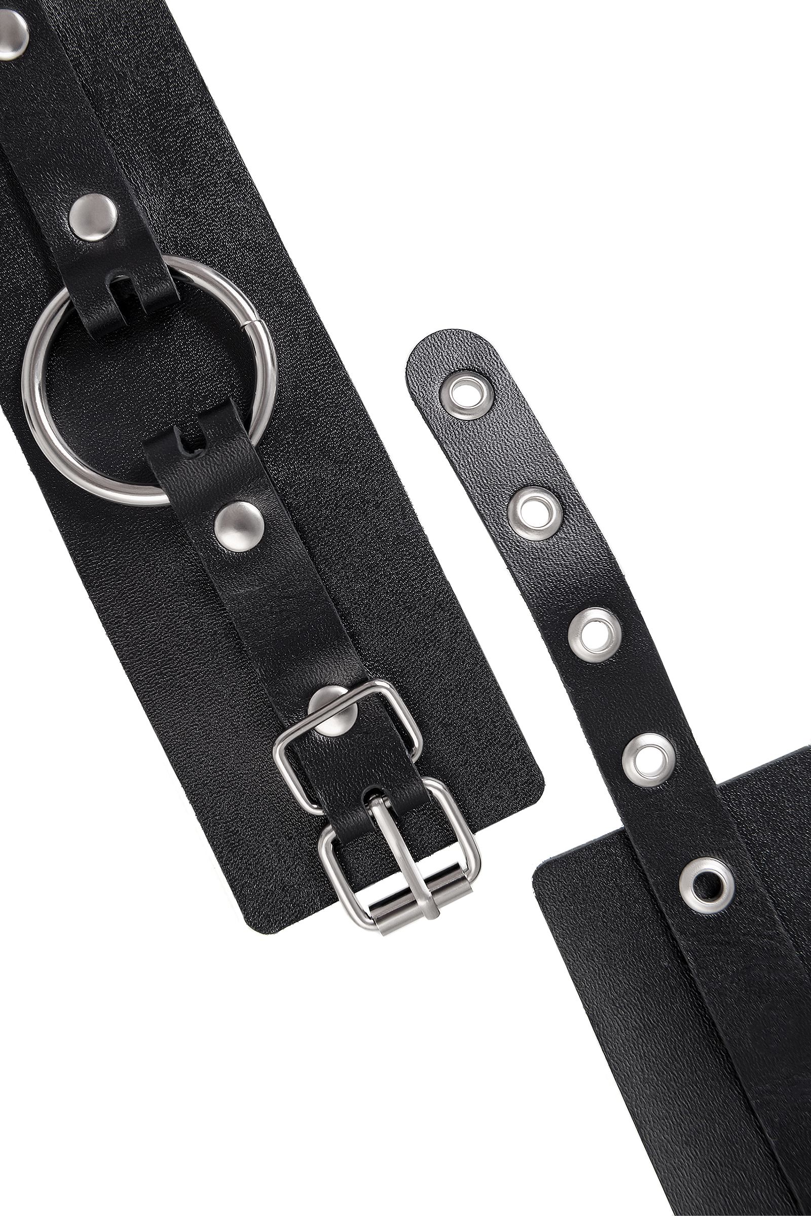 Черные наручники из толстой натуральной кожи с люверсами 5