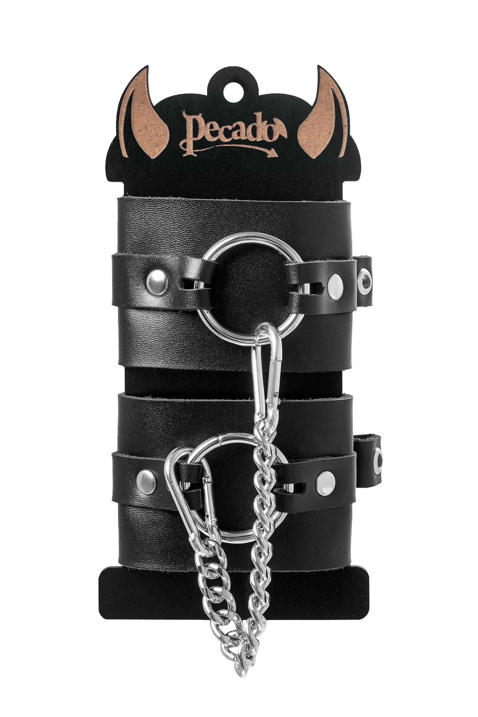 Черные наручники из толстой натуральной кожи с люверсами 6