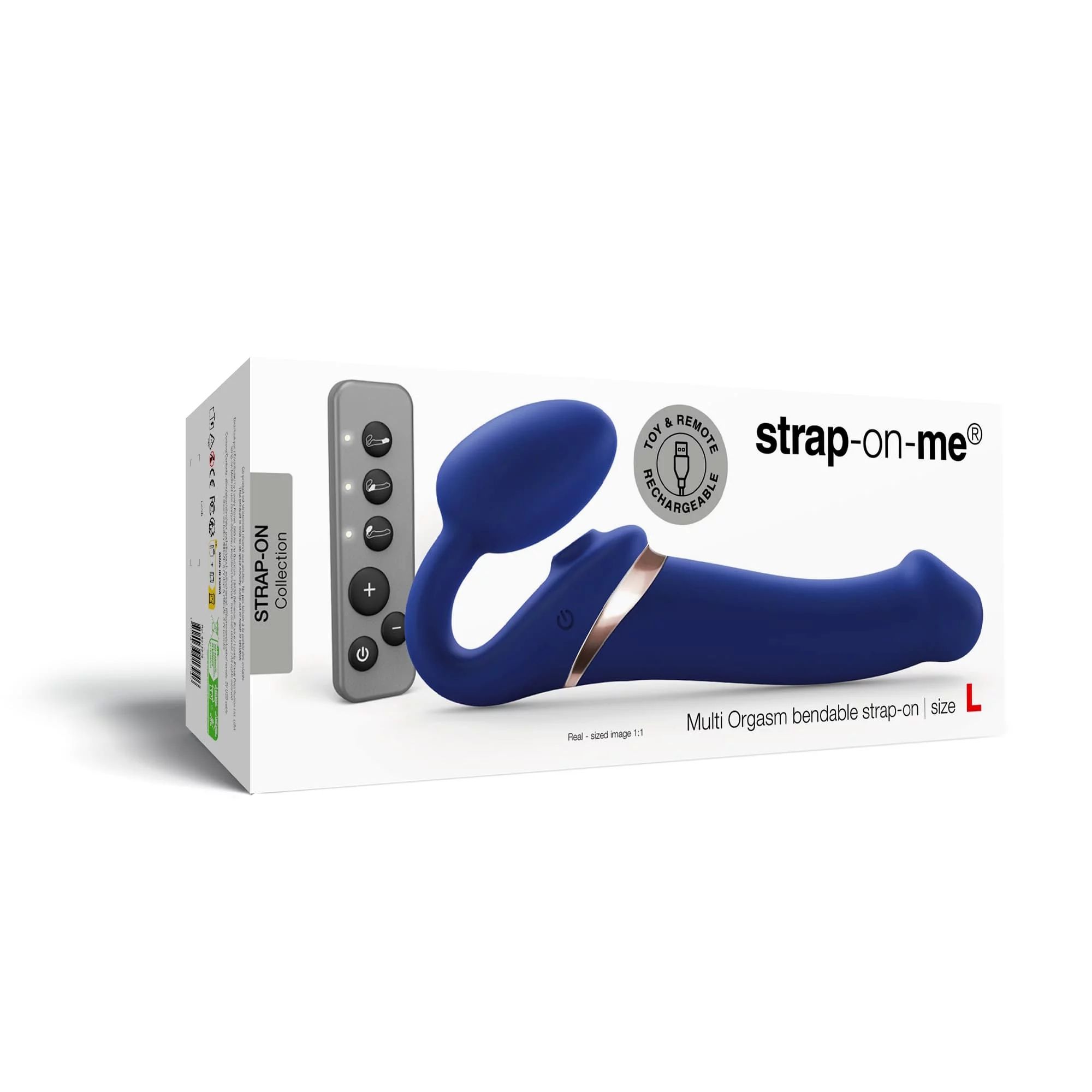 Синий безремневой страпон Multi Orgasm Bendable Strap-On size L с клиторальной стимуляцией 6