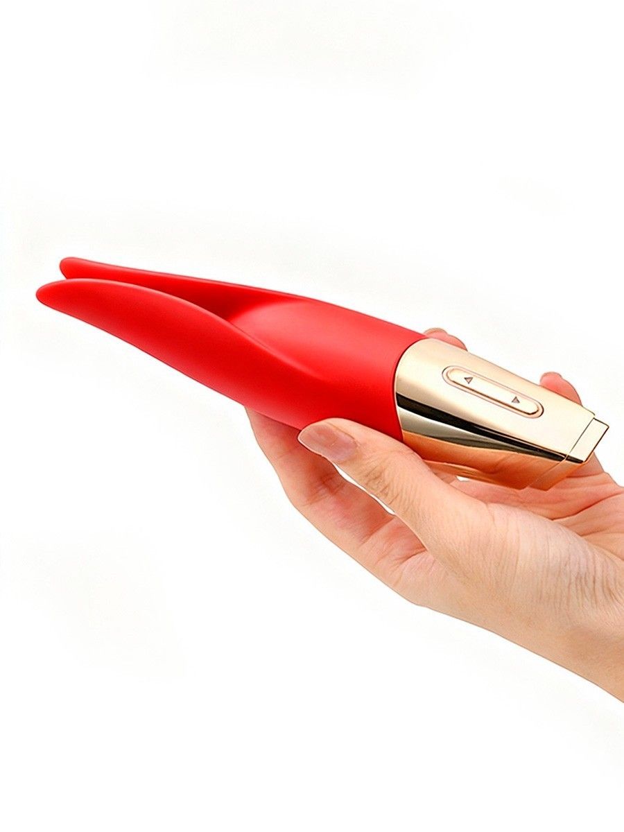 Красный мини-вибратор с раздвоенным кончиком - 12,3 см. 5