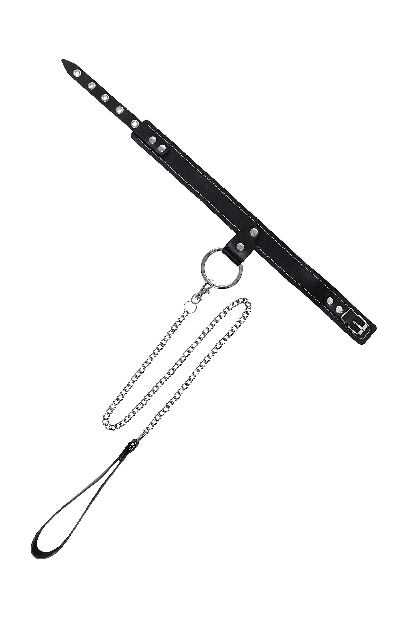 Черный узкий однослойный ошейник с серебристым поводком-цепочкой 2