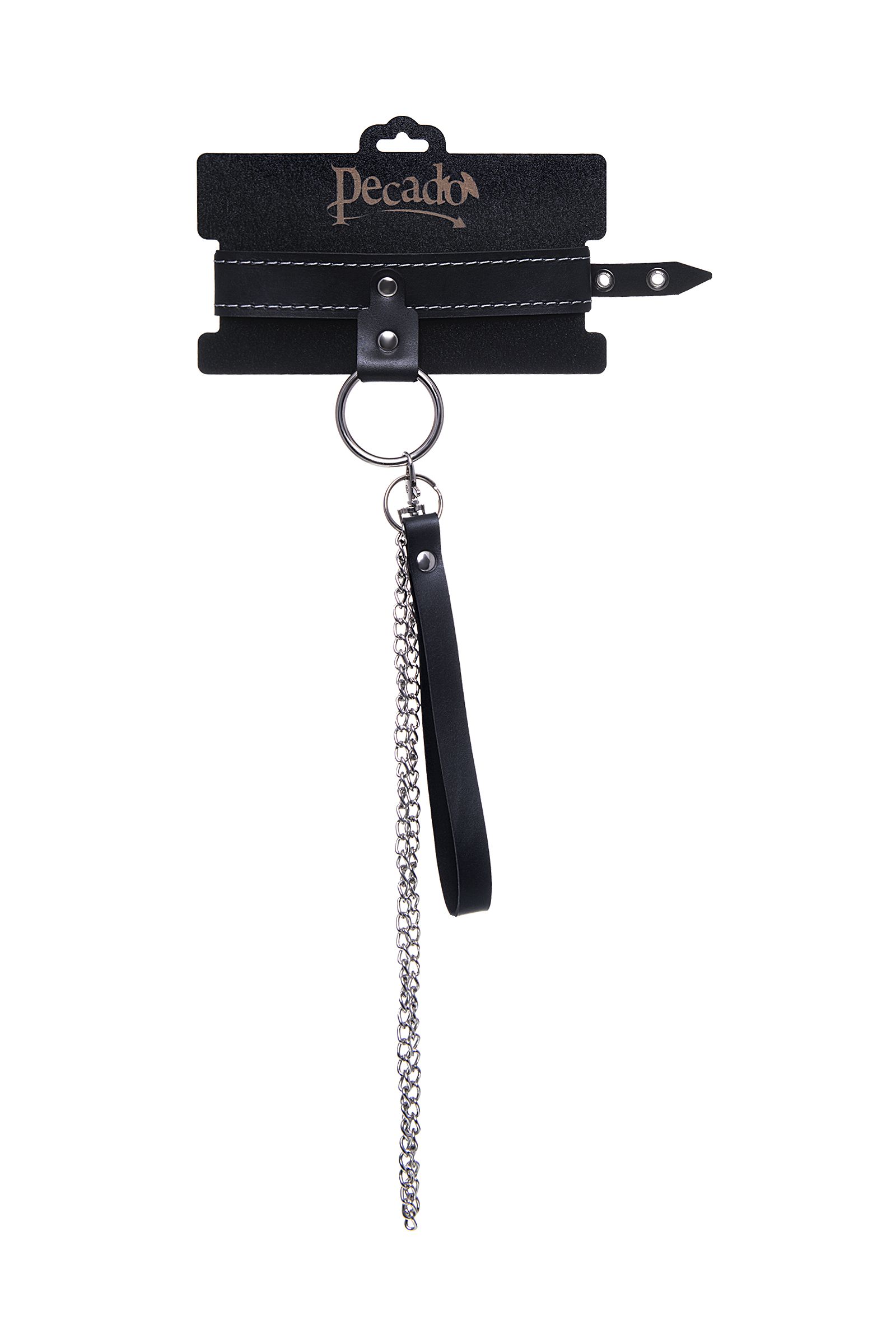 Черный узкий однослойный ошейник с серебристым поводком-цепочкой 6