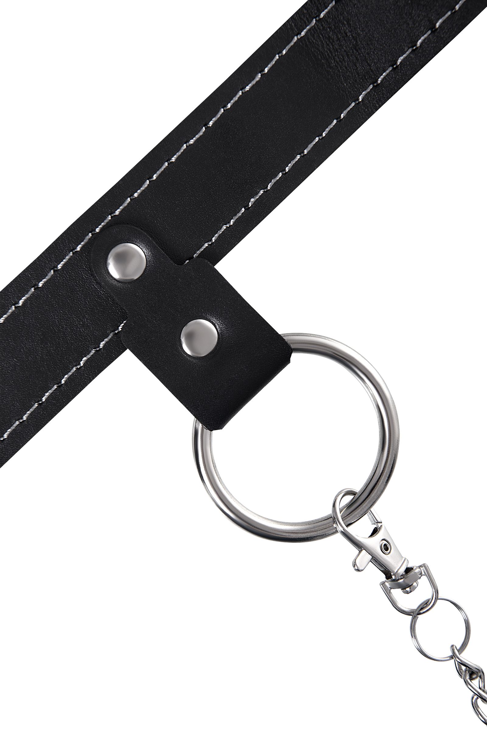 Черный узкий однослойный ошейник с серебристым поводком-цепочкой 7