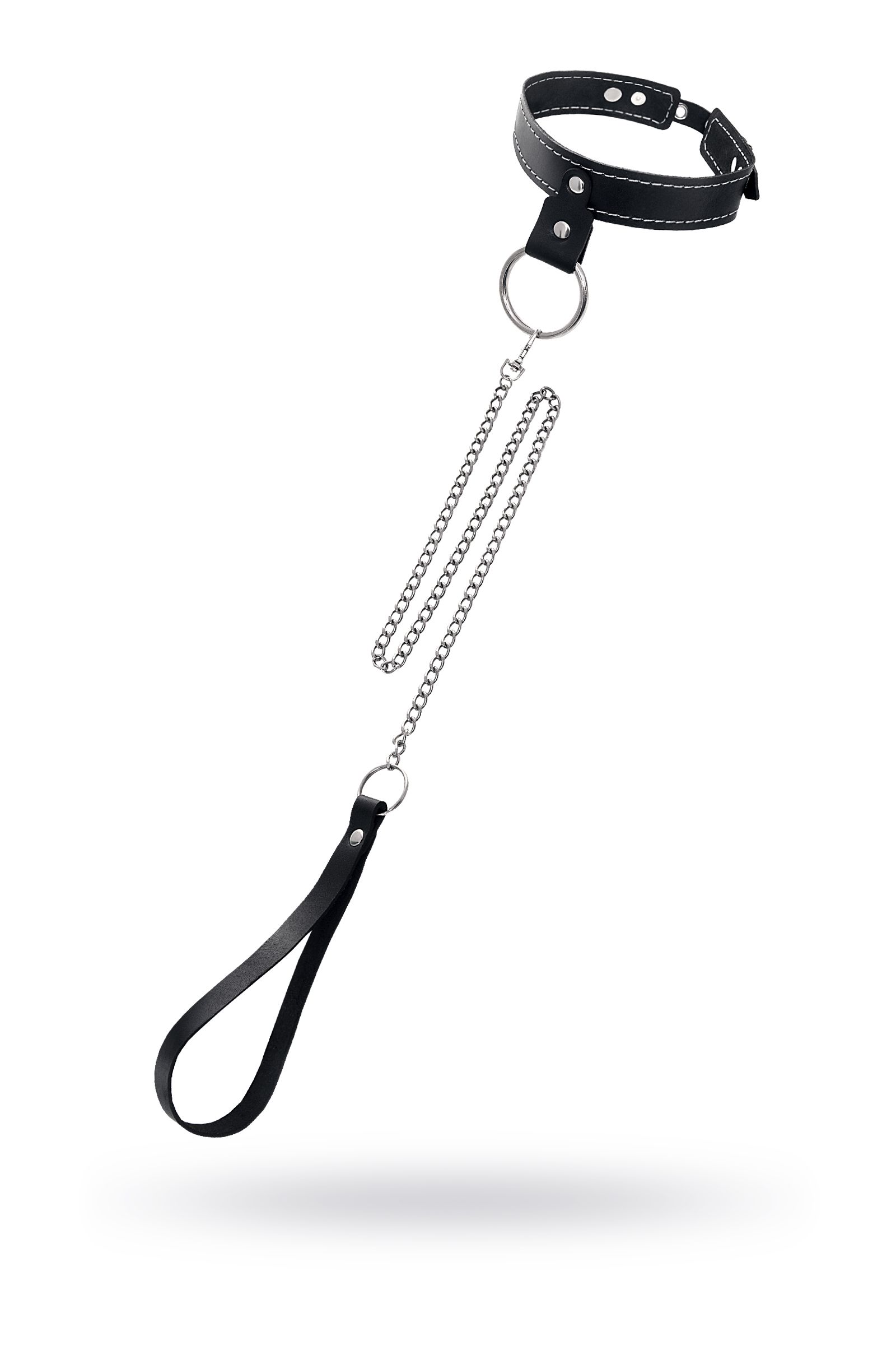 Черный узкий однослойный ошейник с серебристым поводком-цепочкой 1