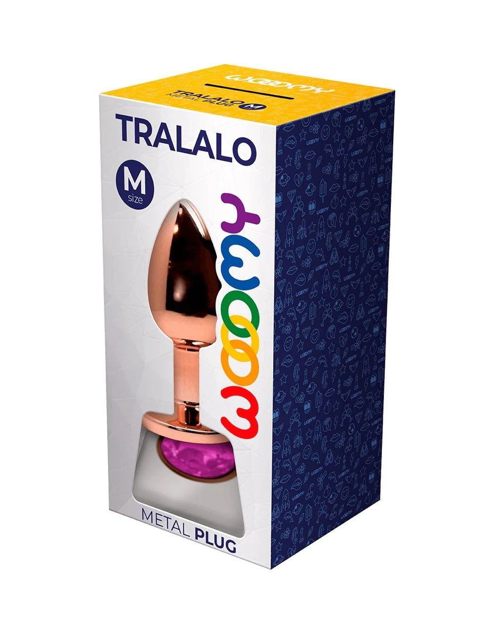 Золотистая анальная втулка Wooomy Tralalo M с розовым кристаллом - 8 см. 2