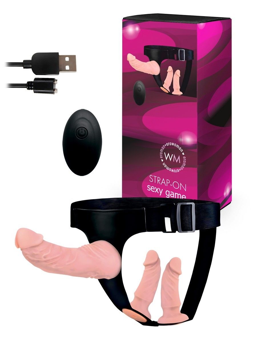 Женский страпон с 3 насадками и вибрацией 2