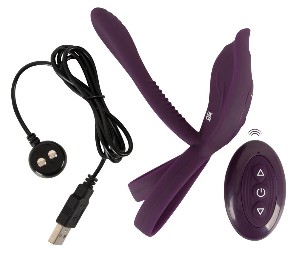Фиолетовая насадка на член с клиторальным отростком и пультом ДУ RC Couple’s Vibrator 2 7