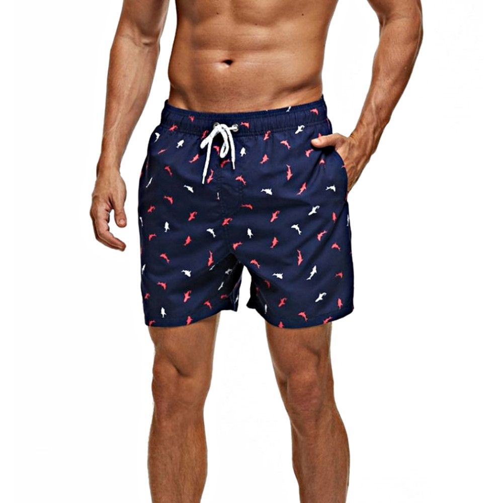 Темно-синие мужские пляжные шорты с принтом в виде акул 1