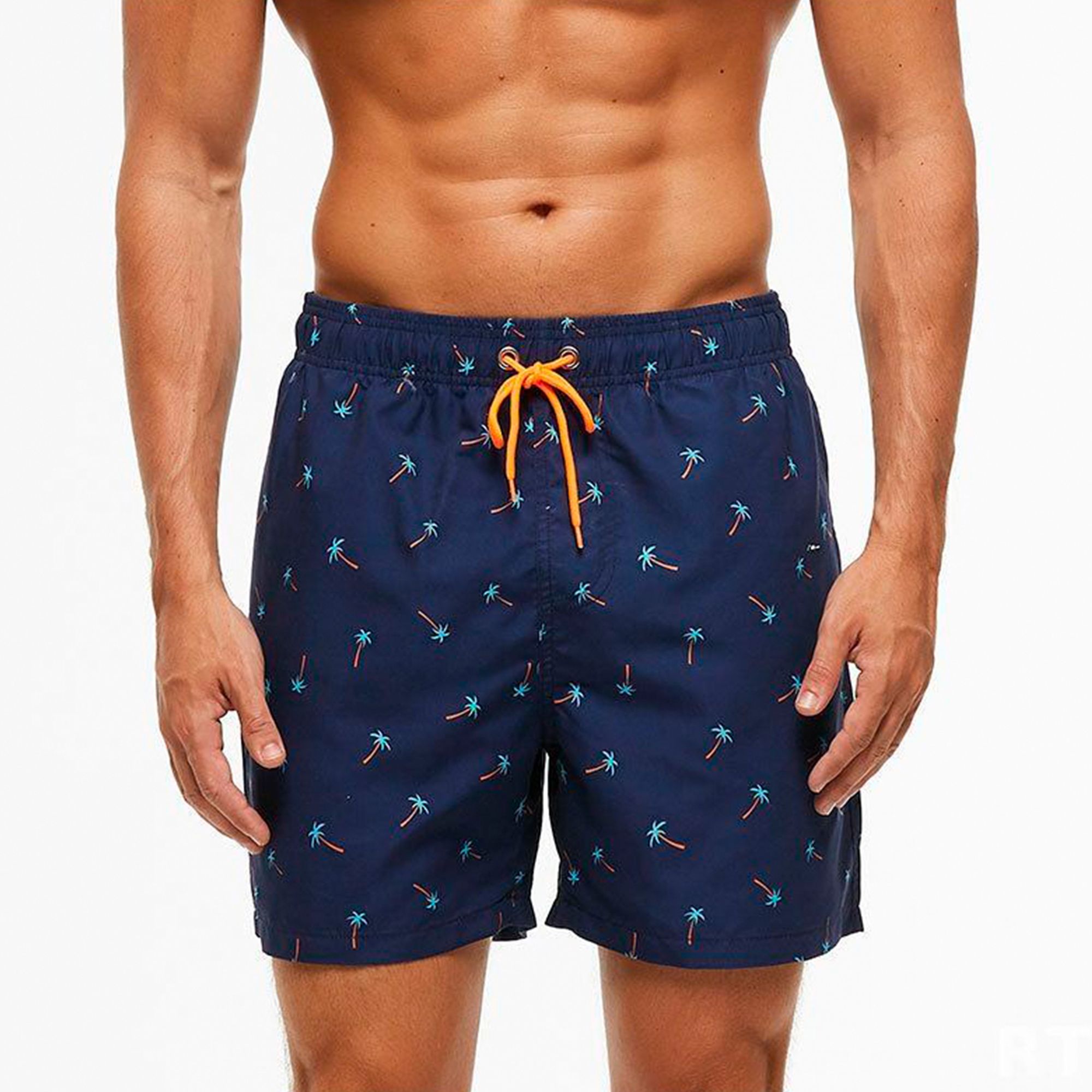 Темно-синие мужские пляжные шорты с принтом в виде пальм 1