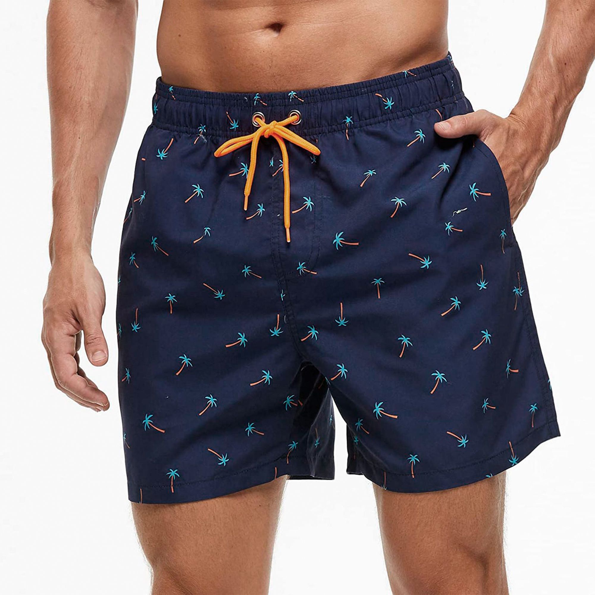 Темно-синие мужские пляжные шорты с принтом в виде пальм 4