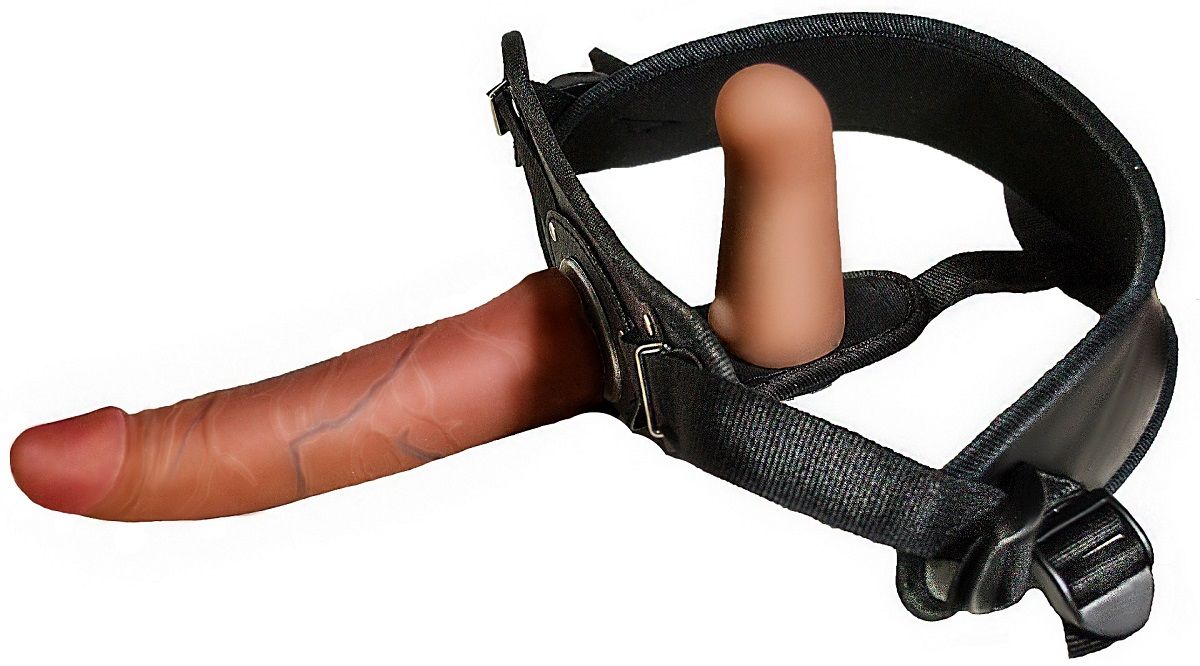 Женский страпон с вагинальной пробкой из неоскина - 18 см. 2