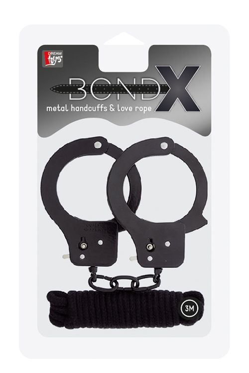 Чёрные наручники из листового металла в комплекте с веревкой BONDX METAL CUFFS&LOVE ROPE SET 2